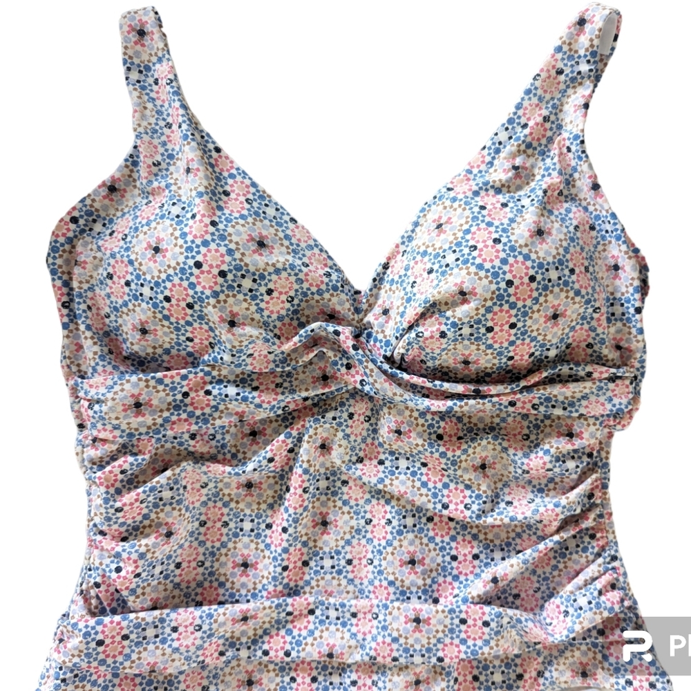 Emerald Bay One Piece Sz 16 White Blue Pink Peach Brown Ruched Boho Swimsuit XL
